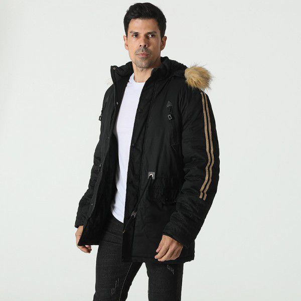 Winter men's thick and plush insulation, casual mid length hooded coat, cotton jacket jacket, men's jacket
