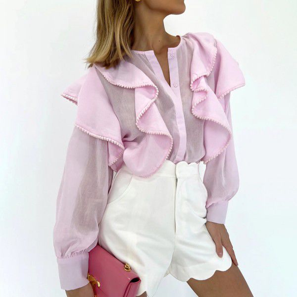 Pink fashionable casual pure cotton loose round neck ruffled long sleeved summer new women's clothing