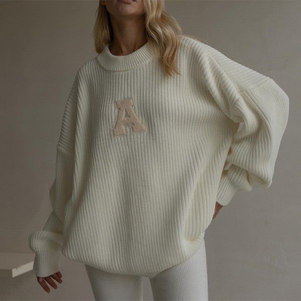 Letter embroidered sweater for women's autumn lazy feeling loose casual long sleeved woolen jacket