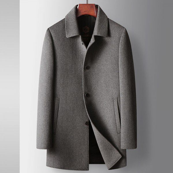 Men's coat autumn and winter mid length lapel wool trench coat middle-aged business detachable goose down inner lining double-sided woolen jacket 