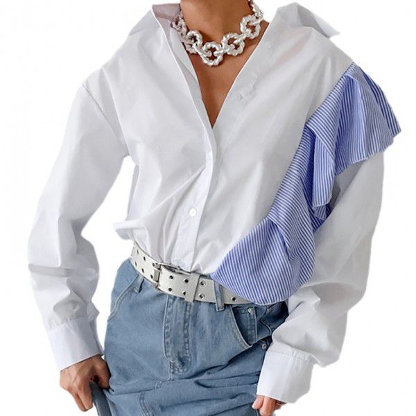 French style new long sleeved shirt with irregular blue stripes and ruffled edges, versatile for women's personality