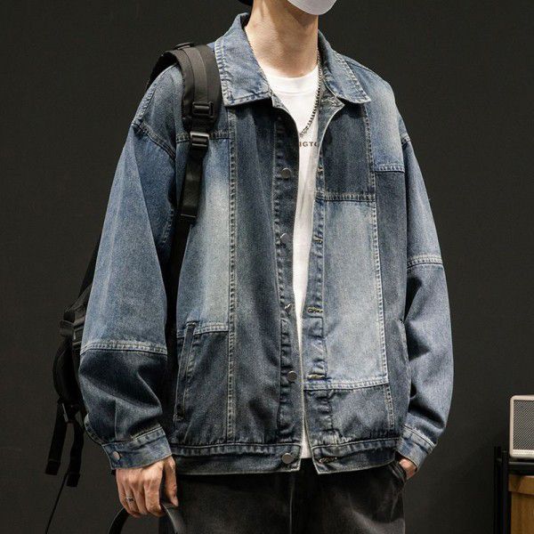 Large size patchwork denim jacket for men in spring and autumn, European and American retro loose top, casual Japanese work jacket 