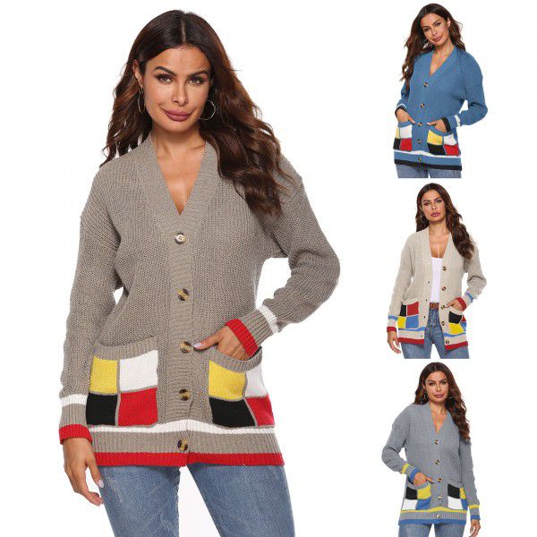 Autumn and winter women's thickened woven cardigan jacket with color matching large pockets, single breasted V-neck casual sweater for women