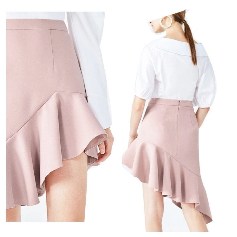 Spring Summer Skirt korean Fashion Candy Pink Color Asymmetrical Women Ruffle Pencil Skirts 